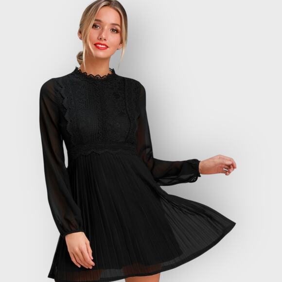 Lulus Black Lace Skater Dress Large Mock Neck Long Sleeve Gothic Romantic Style - Picture 5 of 8